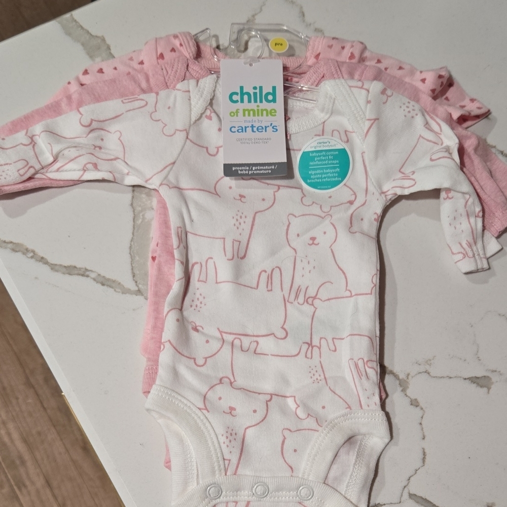 NWT Child of Mine by Carter's White & Pink Bear Print Baby Onesies - 3 Pack